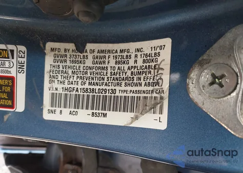 2008 Honda Civic Ex from USA, damaged, VIN 1HGFA15838L029130